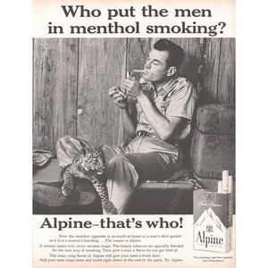 1961 Alpine Menthol Cigarettes Vintage Print Ad Jaguar Leopard Cub Man Safari